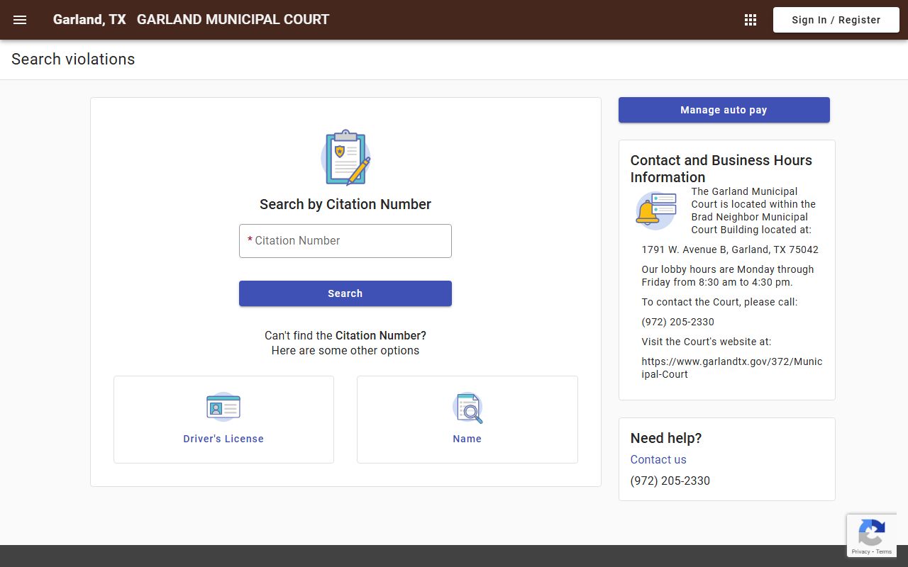 Garland Municipal Court portal for city court records in Garland, Texas