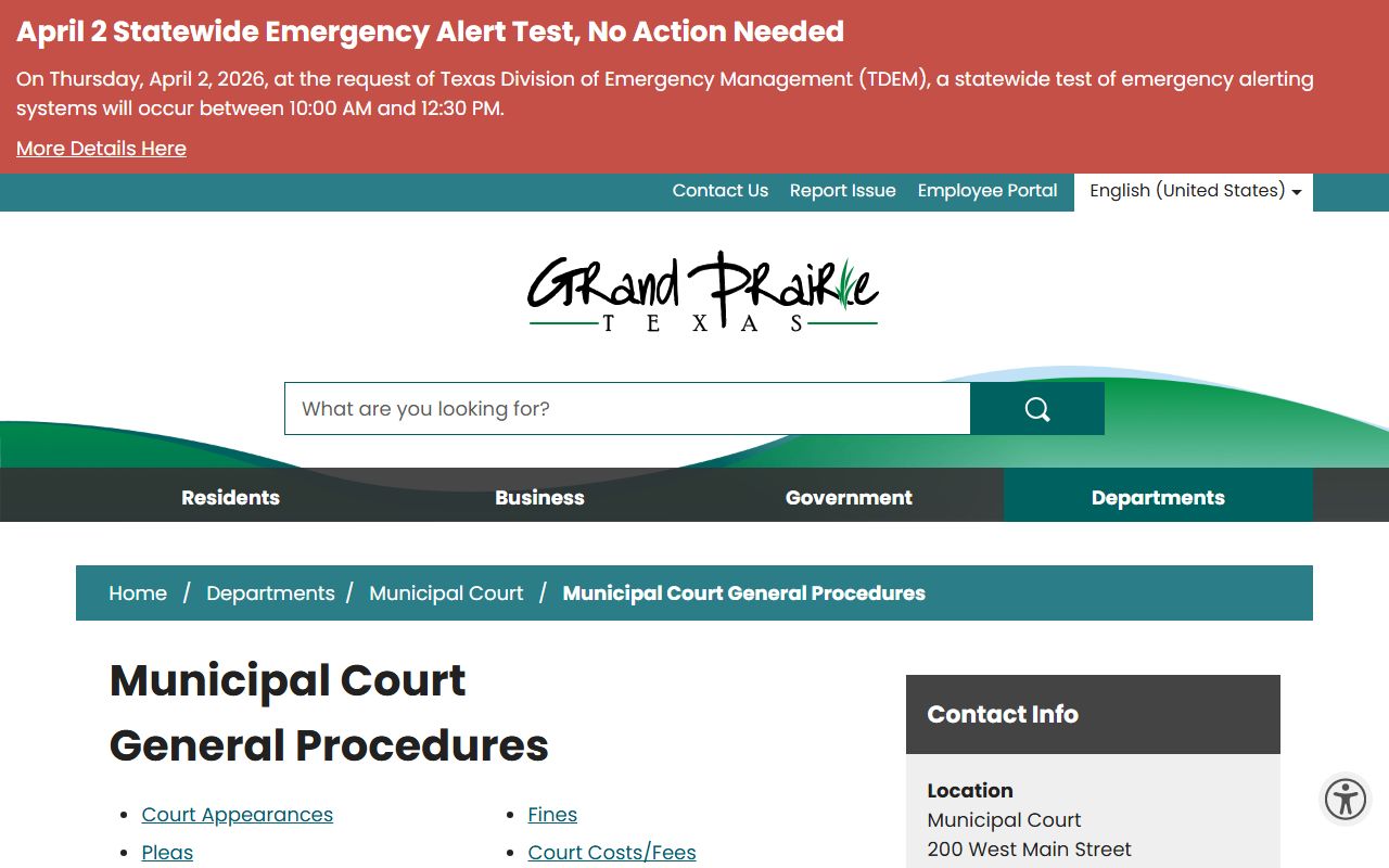 Grand Prairie Municipal Court website for citation search and payment in Grand Prairie, Texas