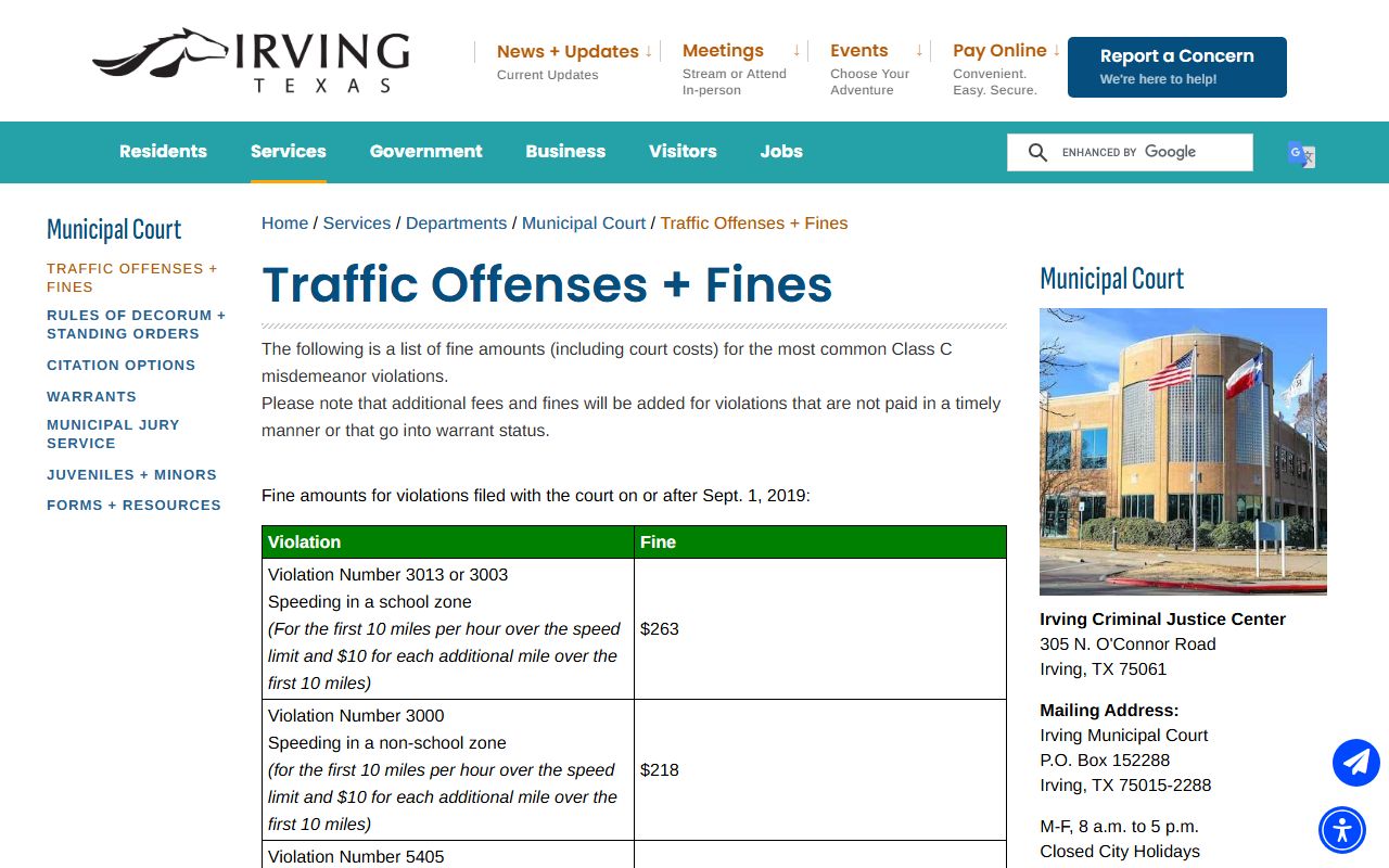 Irving Municipal Court website for Irving family court records and case search