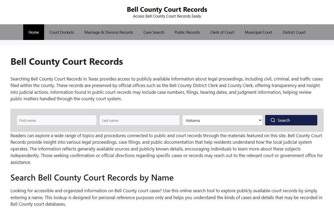 Bell County court records search portal at bellcountycourts.org