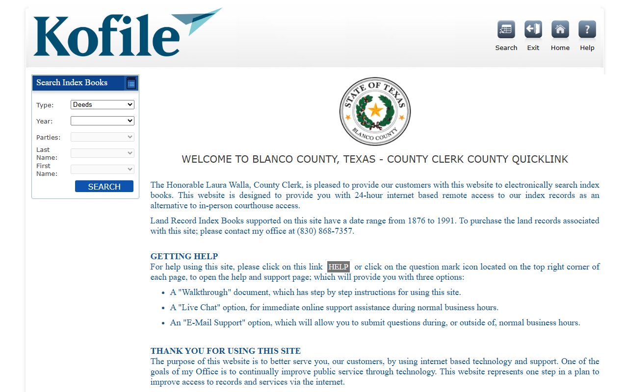 Blanco County Clerk QuickLink portal for family court records