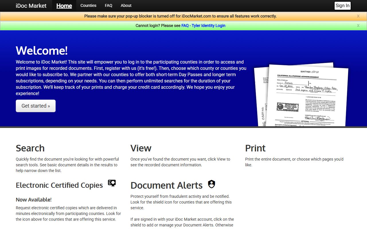 iDoc Market document search portal for Bosque County family court records