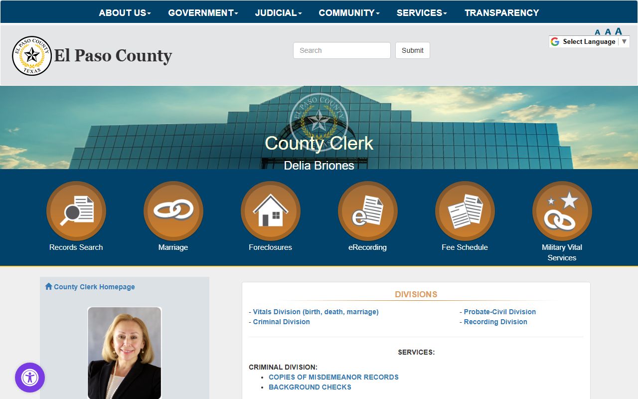 El Paso County Clerk website for vital records and official documents separate from family court