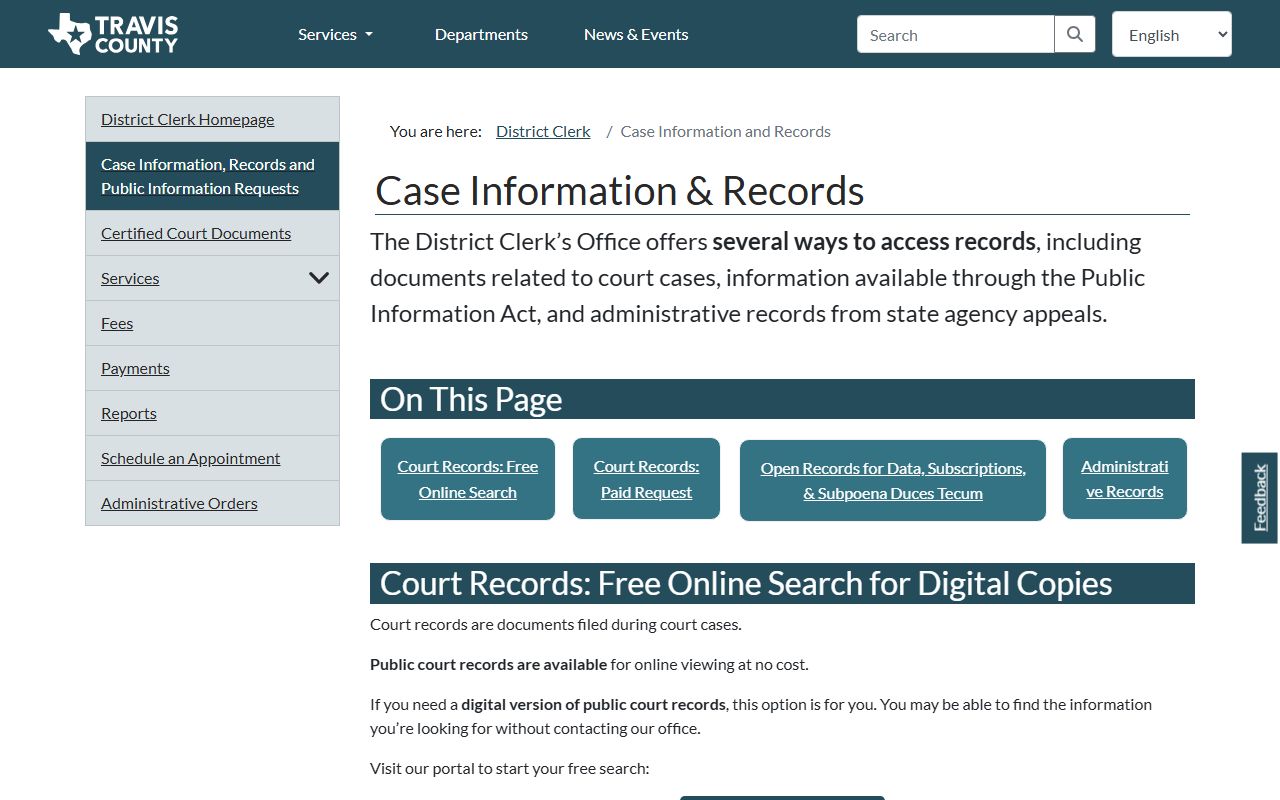 Travis County District Clerk case information and records search portal for Austin family court records