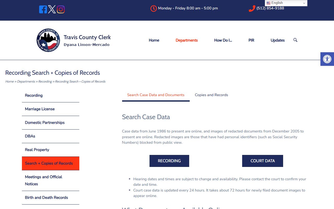 Travis County Clerk records search portal for Austin court records