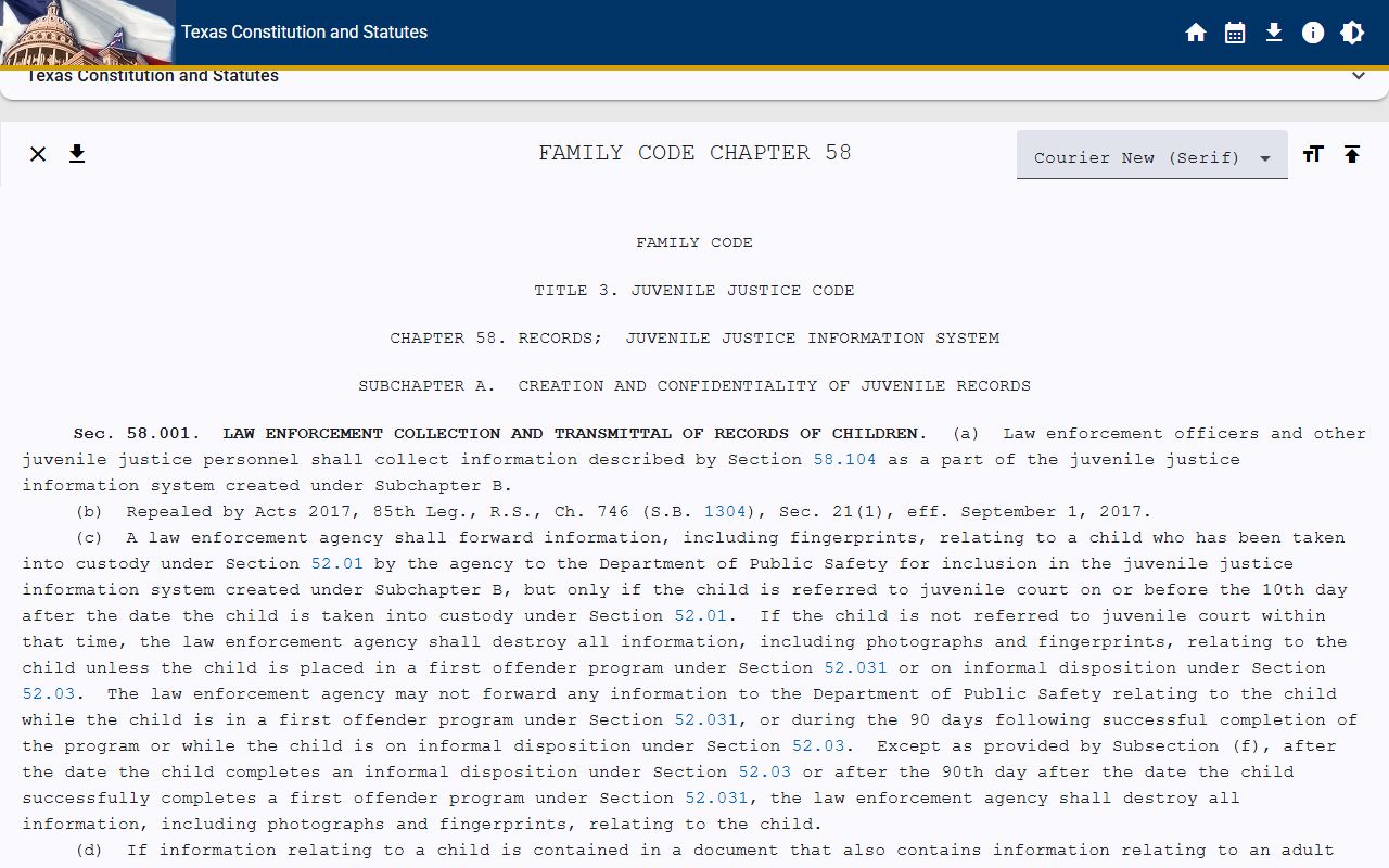 Texas Family Code Chapter 58 - Juvenile Records - Texas Family Court Records